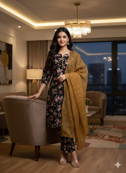 Premium Cambric Cotton 3-Piece Printed Dress with Zari Silk Dupatta – SAMAVIAS
