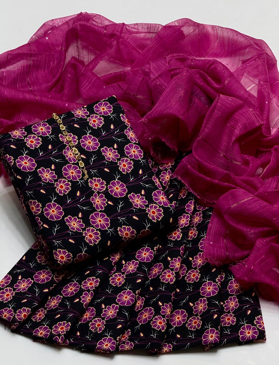 Premium Cambric Cotton 3-Piece Printed Dress with Zari Silk Dupatta – SAMAVIAS