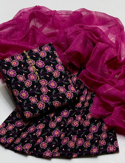 Premium Cambric Cotton 3-Piece Printed Dress with Zari Silk Dupatta – SAMAVIAS