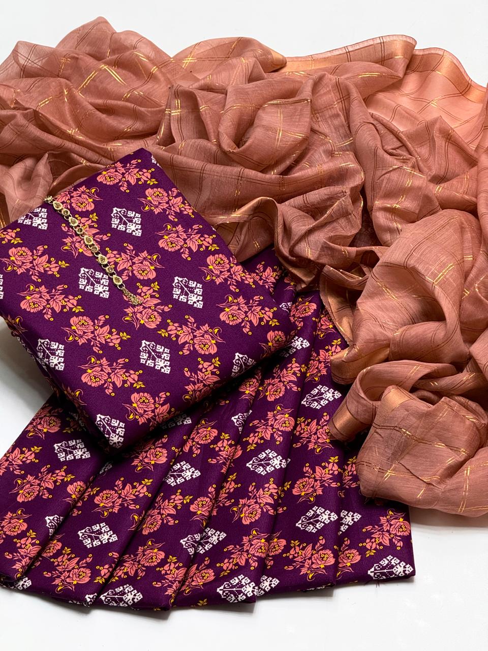 Premium Cambric Cotton 3-Piece Printed Dress with Zari Silk Dupatta – SAMAVIAS